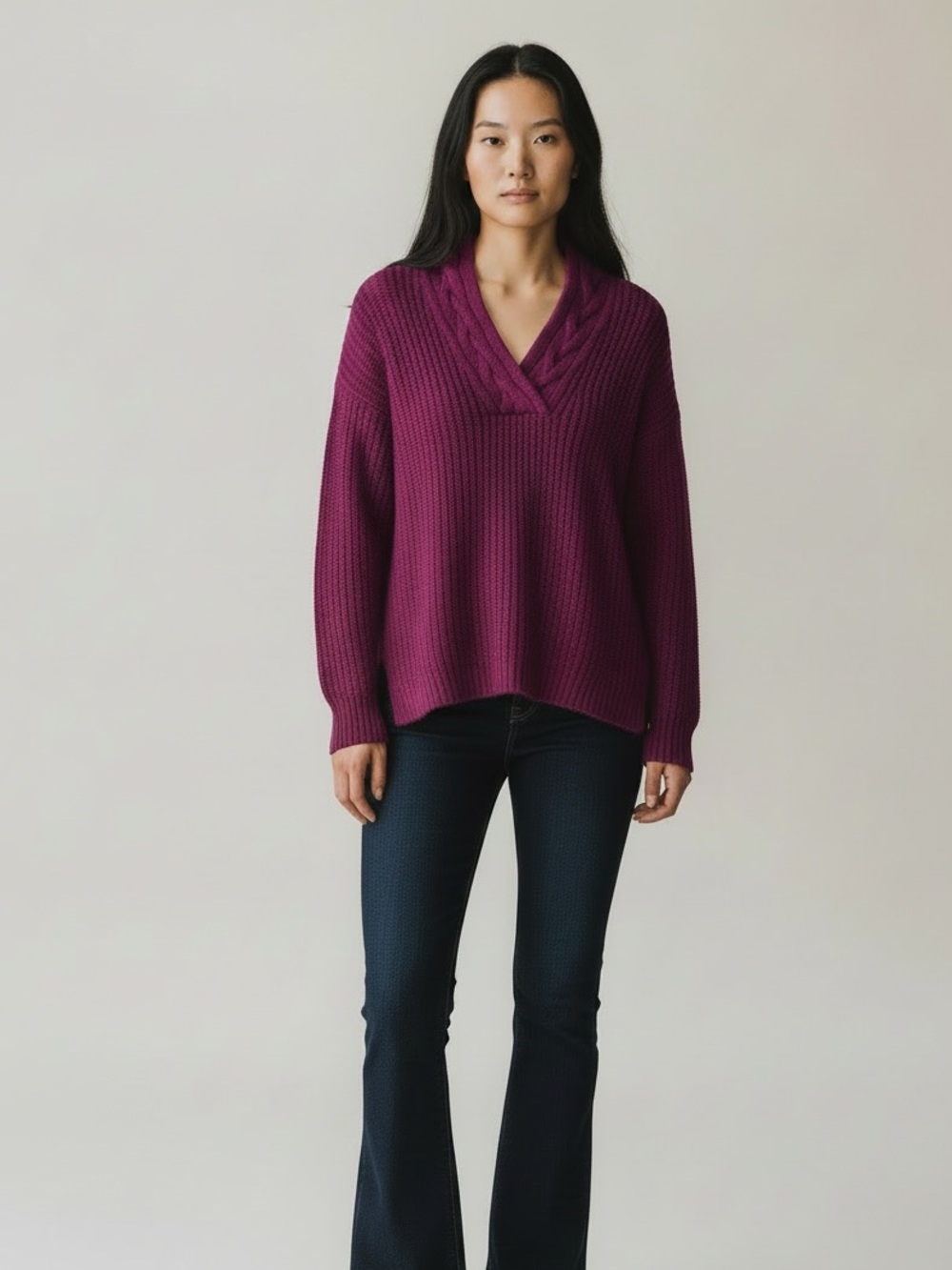 Lauren Ralph lauren magenta purple cable knit v neck fishermancore sweater small